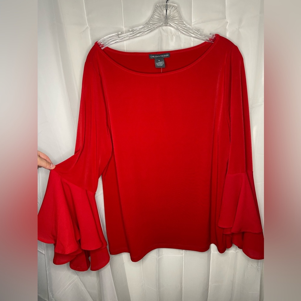 Chelsea and Theodore red bell sleeve blouse